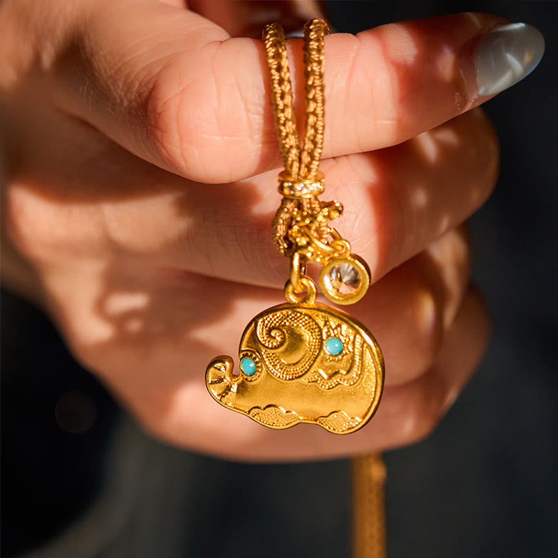 24k Gold Plated Brass Elephant Symbol Braided Cord Strength Necklace Pendant