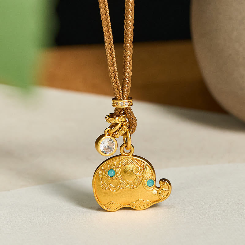 24k Gold Plated Brass Elephant Symbol Braided Cord Strength Necklace Pendant