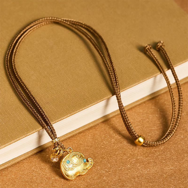 24k Gold Plated Brass Elephant Symbol Braided Cord Strength Necklace Pendant
