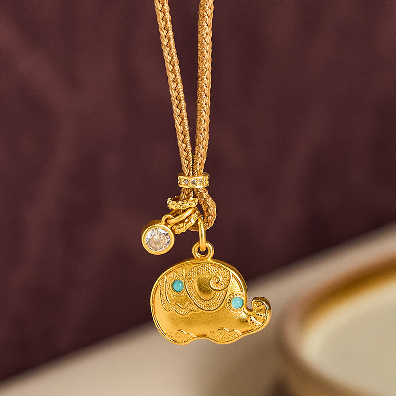 24k Gold Plated Brass Elephant Symbol Braided Cord Strength Necklace Pendant