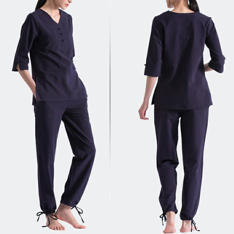 Yoga Meditation Prayer V-neck Design Cotton Linen Clothing Uniform Zen Practice Women's Set
