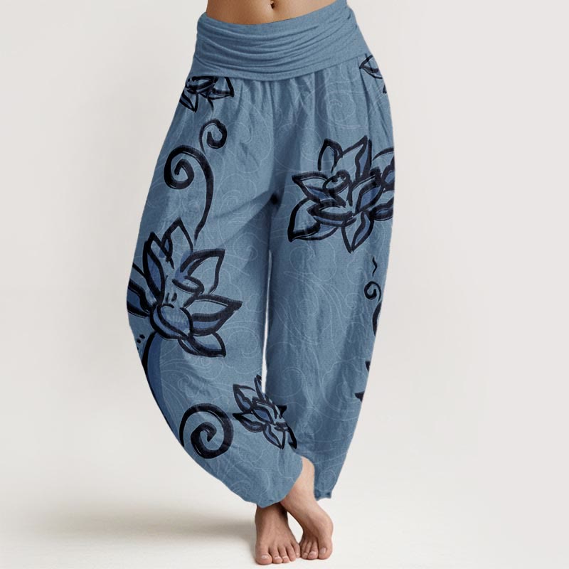 Breathable Cotton Lotus Print Meditation Harem Pants