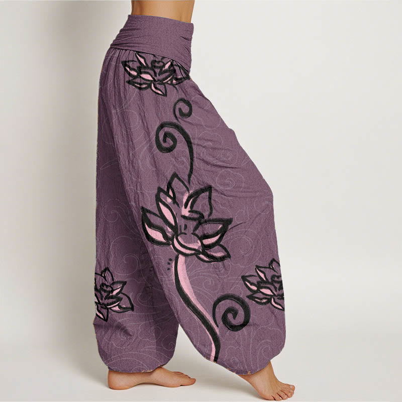 Breathable Cotton Lotus Print Meditation Harem Pants