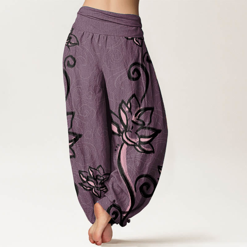Breathable Cotton Lotus Print Meditation Harem Pants