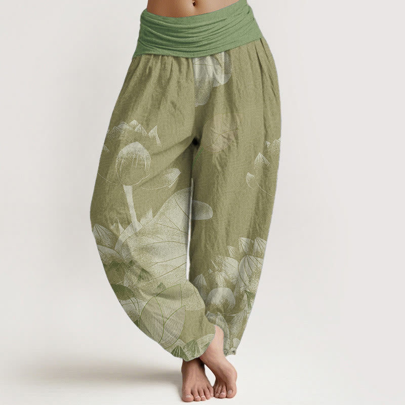 Cotton Pink And White Lotus Women's Elastic Waist Harem Pants