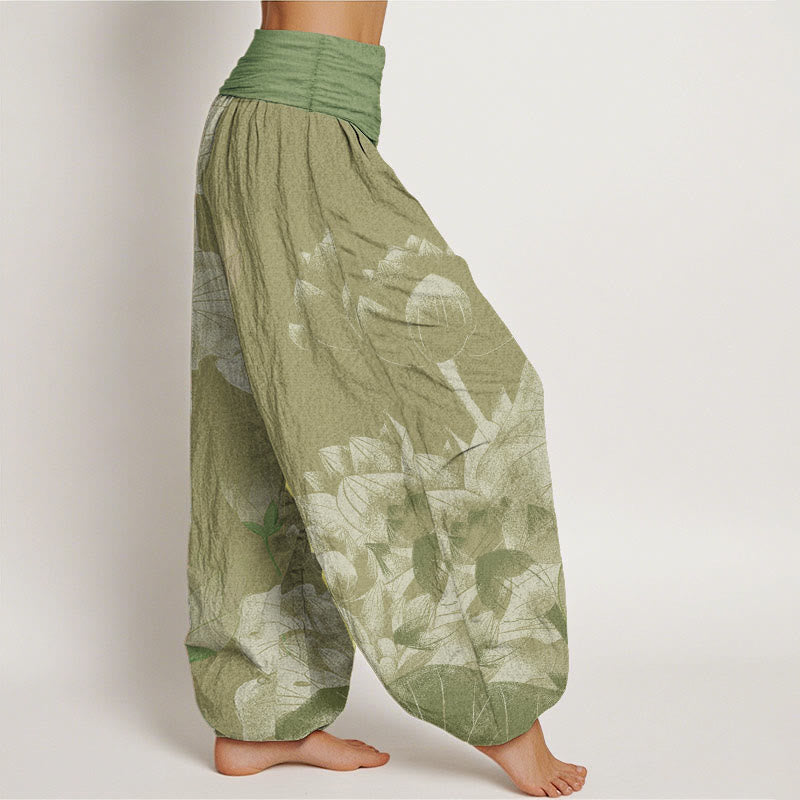 Cotton Pink And White Lotus Women's Elastic Waist Harem Pants