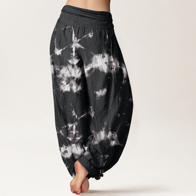 Cotton White Lines Spots Tie-Dye Pattern Women's Elastic Waist Harem Pants