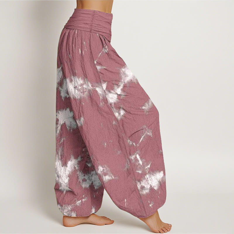 Cotton White Lines Spots Tie-Dye Pattern Women's Elastic Waist Harem Pants