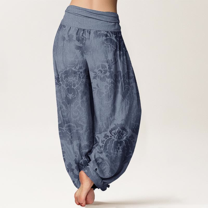Cotton Casual Flower Leaves Design Women's Elastic Waist Harem Pants