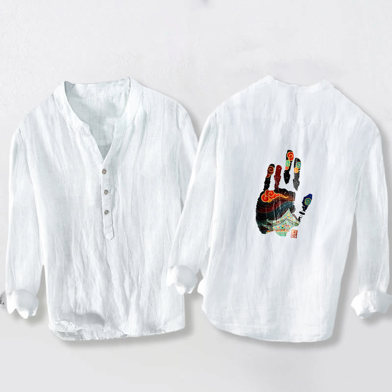 Cotton Linen Stand Collar Long Sleeve Shirt with Architectural Print