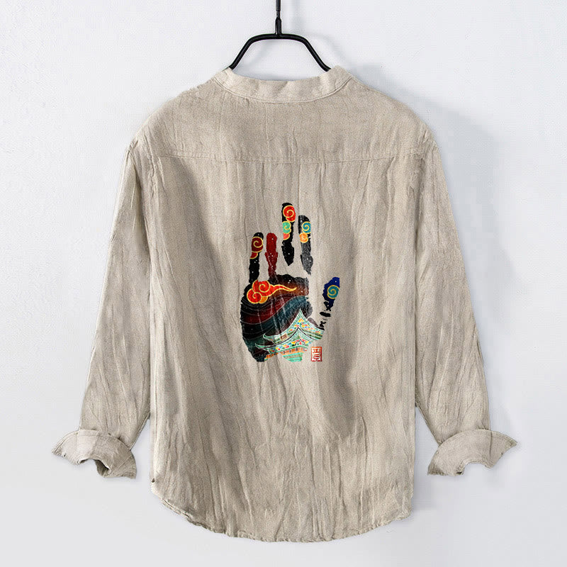 Cotton Linen Stand Collar Long Sleeve Shirt with Architectural Print