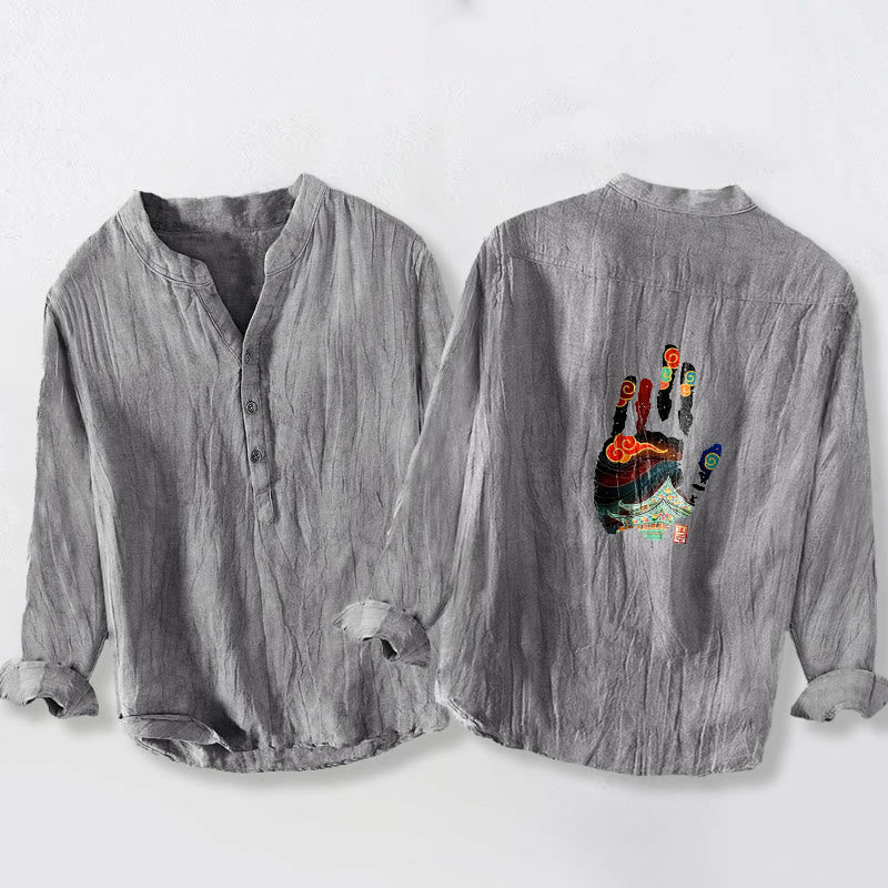 Cotton Linen Stand Collar Long Sleeve Shirt with Architectural Print