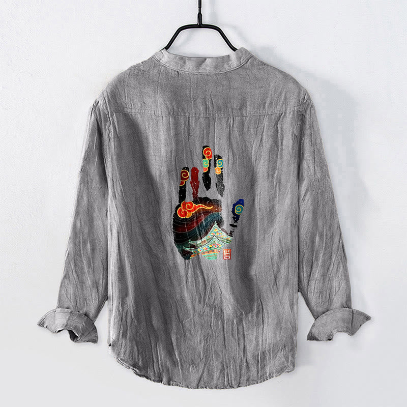 Cotton Linen Stand Collar Long Sleeve Shirt with Architectural Print