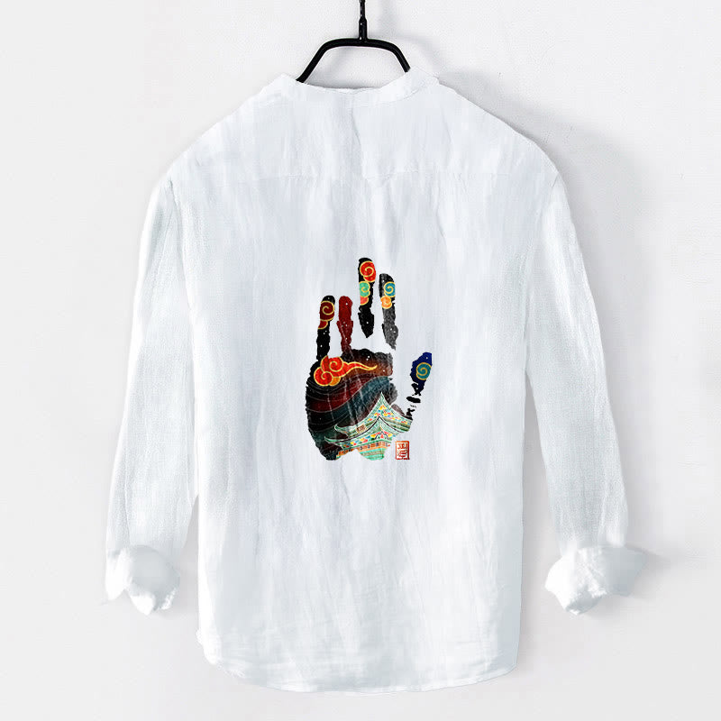 Cotton Linen Stand Collar Long Sleeve Shirt with Architectural Print