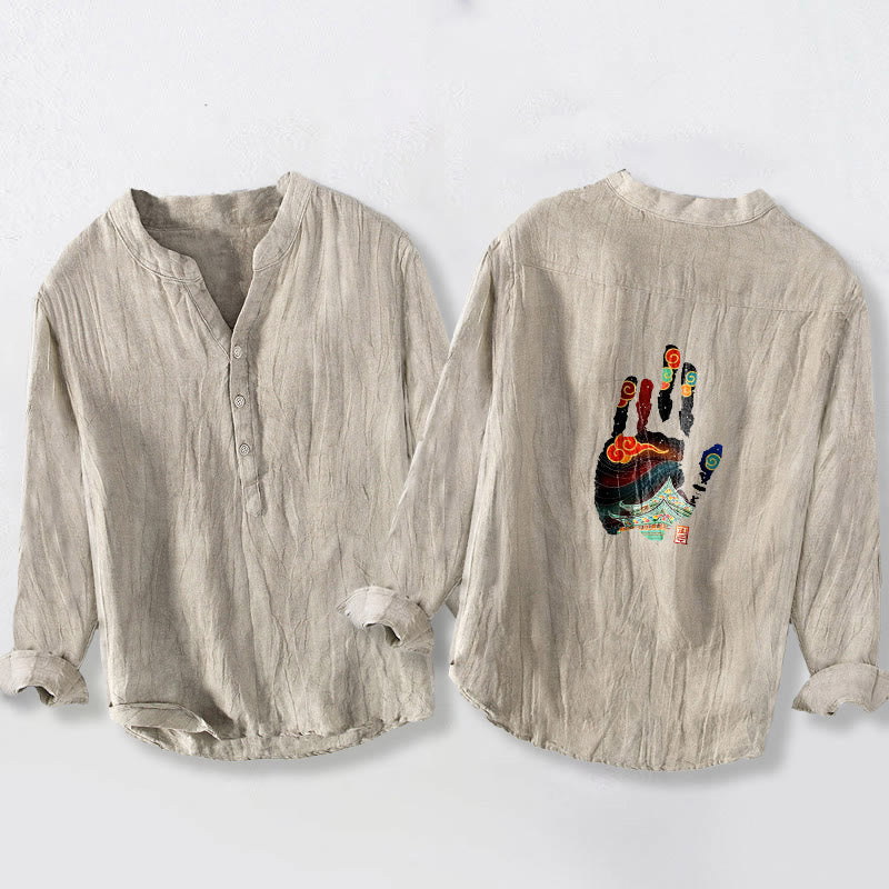 Cotton Linen Stand Collar Long Sleeve Shirt with Architectural Print