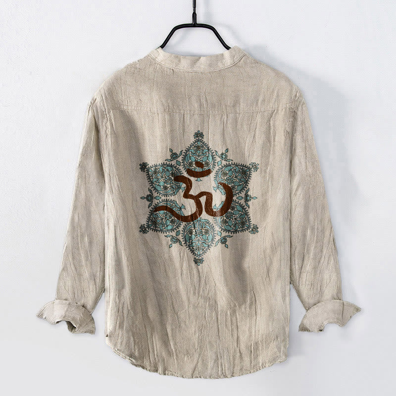 Cotton Linen Stand Collar Om Mandala Mindful Meditation Shirt
