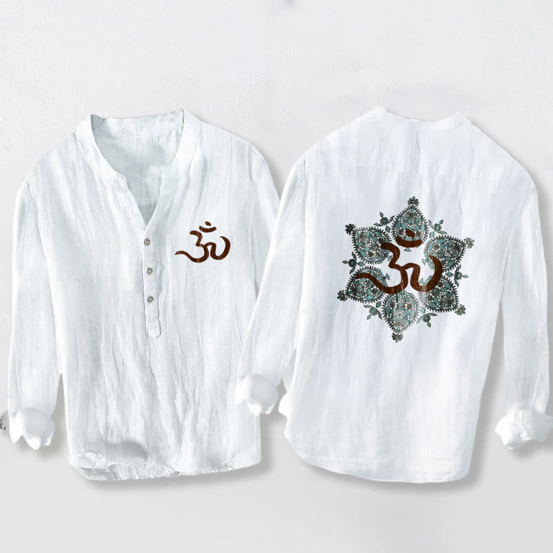 Cotton Linen Stand Collar Om Mandala Mindful Meditation Shirt