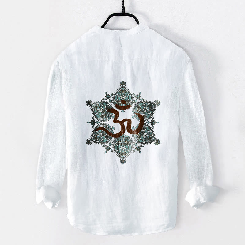 Cotton Linen Stand Collar Om Mandala Mindful Meditation Shirt