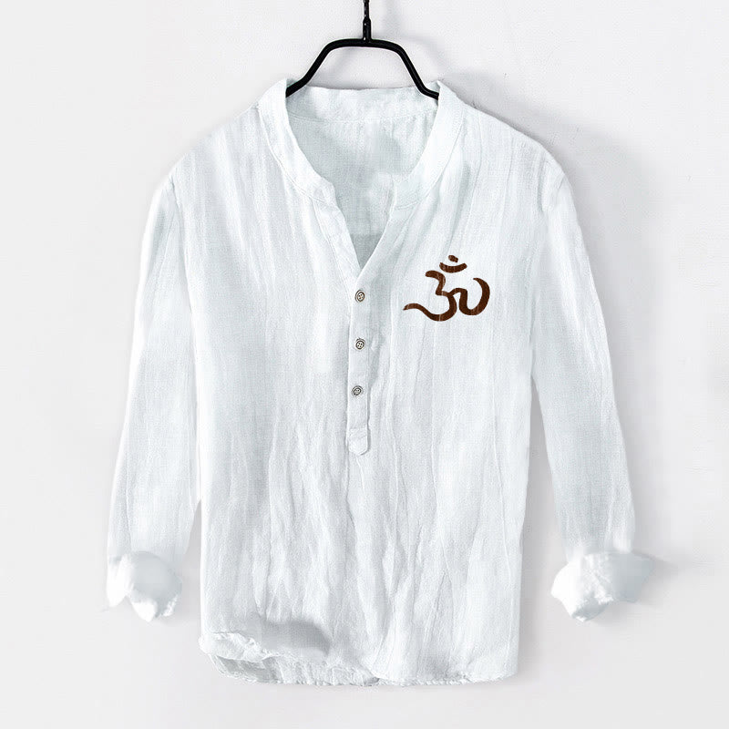 Cotton Linen Stand Collar Om Mandala Mindful Meditation Shirt
