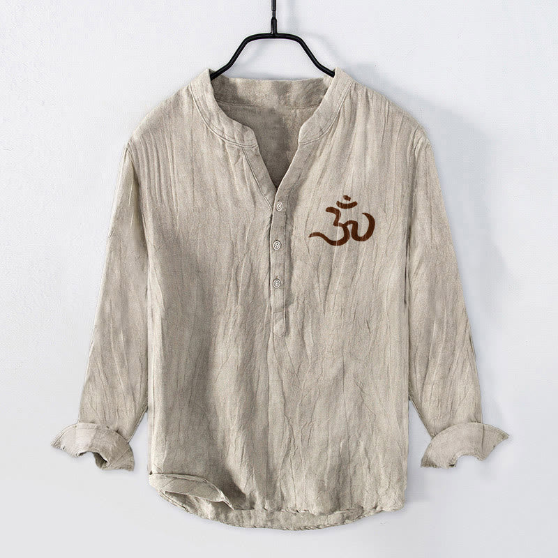 Cotton Linen Stand Collar Om Mandala Mindful Meditation Shirt