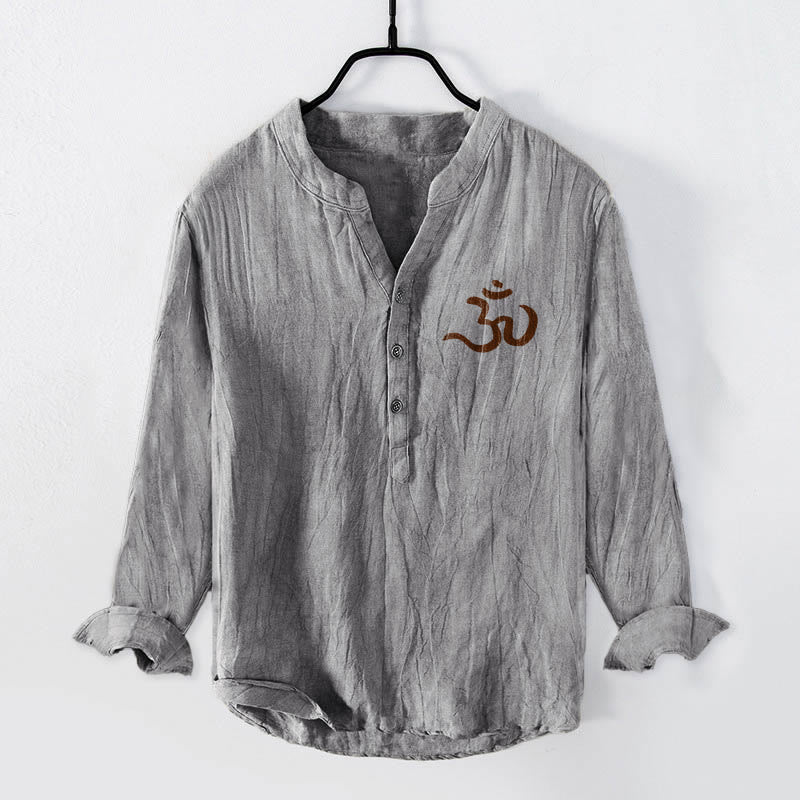 Cotton Linen Stand Collar Om Mandala Mindful Meditation Shirt