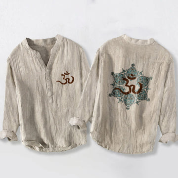 Cotton Linen Stand Collar Om Mandala Mindful Meditation Shirt