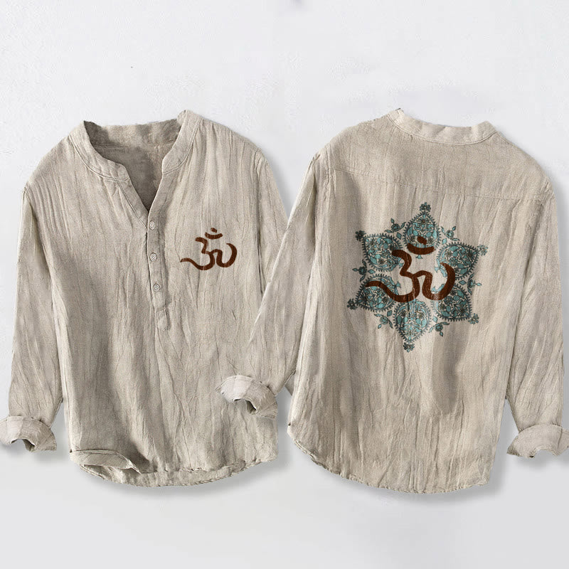 Cotton Linen Stand Collar Om Mandala Mindful Meditation Shirt