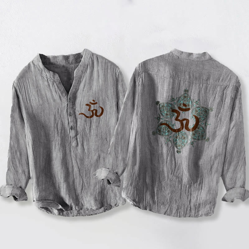 Cotton Linen Stand Collar Om Mandala Mindful Meditation Shirt