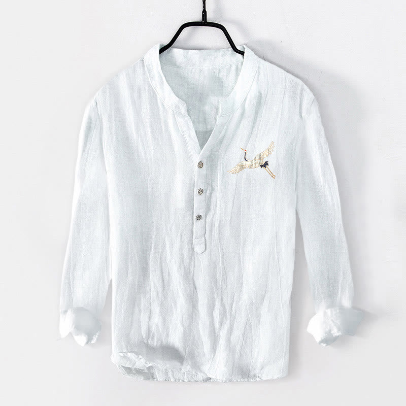 Tactile Cotton Linen Stand-Collar Landscape Meditation Shirt