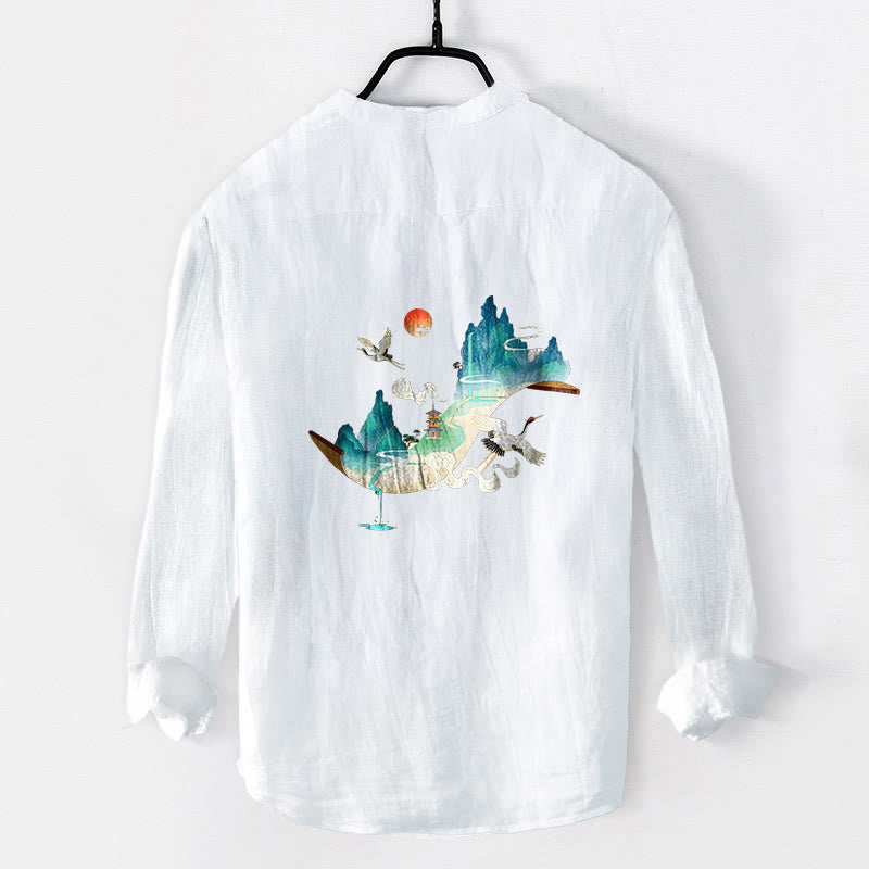 Tactile Cotton Linen Stand-Collar Landscape Meditation Shirt