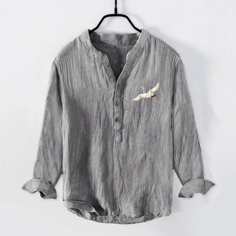 Tactile Cotton Linen Stand-Collar Landscape Meditation Shirt