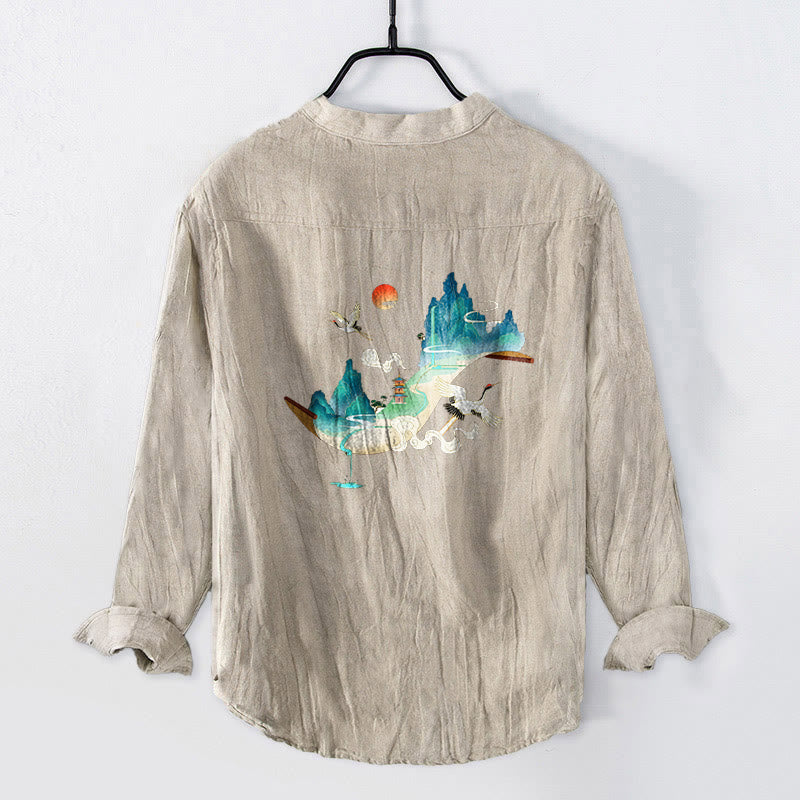 Tactile Cotton Linen Stand-Collar Landscape Meditation Shirt