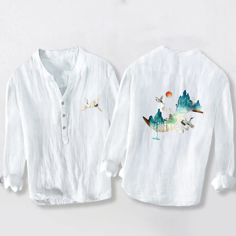 Tactile Cotton Linen Stand-Collar Landscape Meditation Shirt