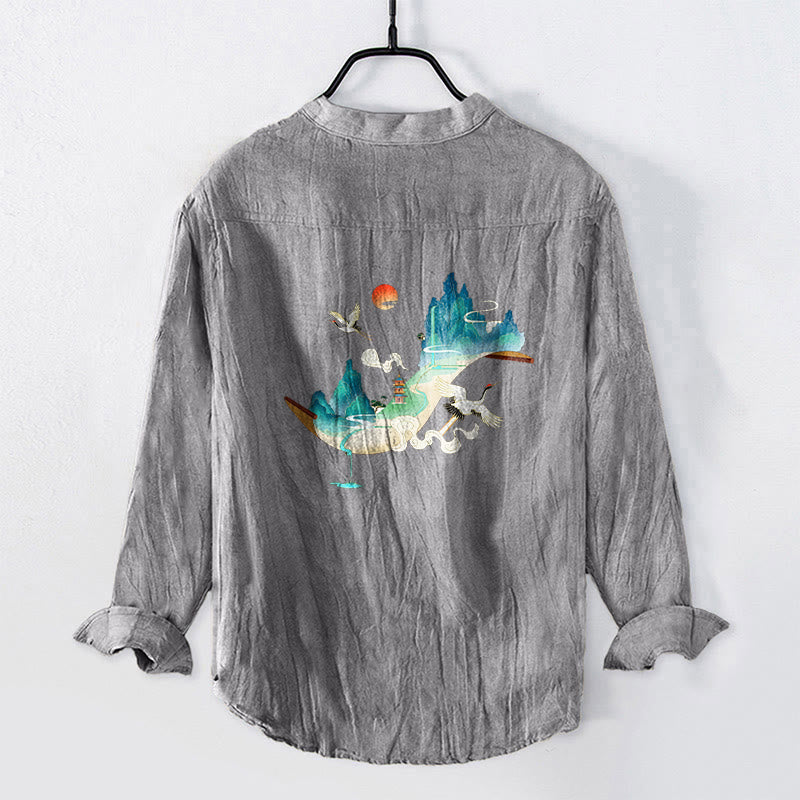 Tactile Cotton Linen Stand-Collar Landscape Meditation Shirt