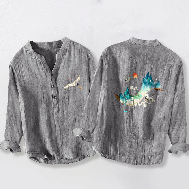 Tactile Cotton Linen Stand-Collar Landscape Meditation Shirt