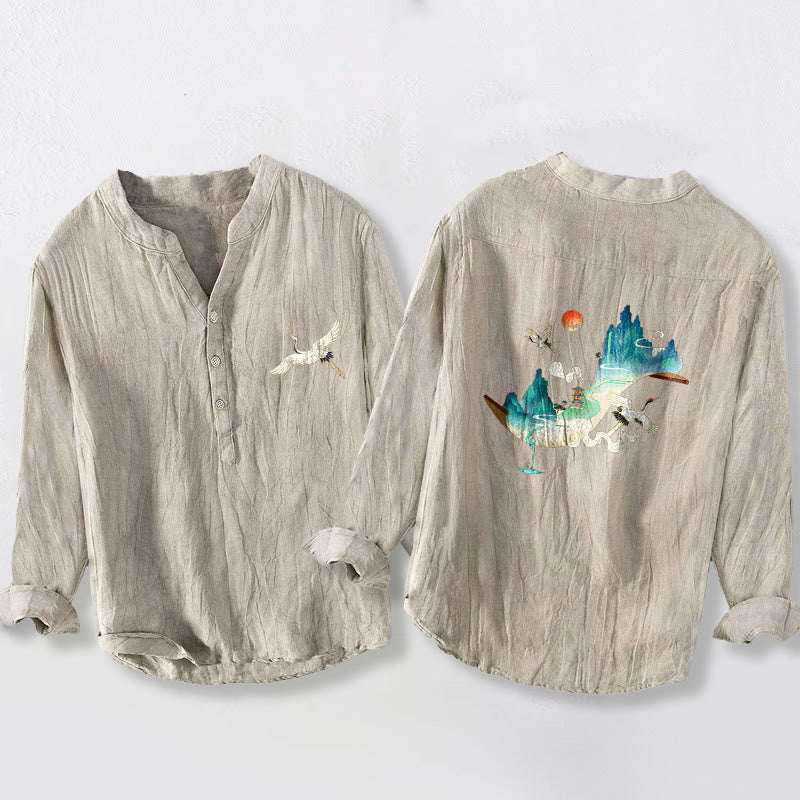 Tactile Cotton Linen Stand-Collar Landscape Meditation Shirt