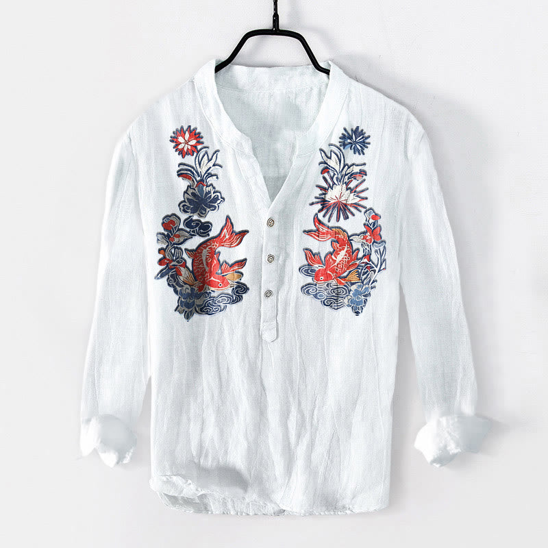 Tactile Cotton Linen Stand Collar Koi Print Mindful Shirt