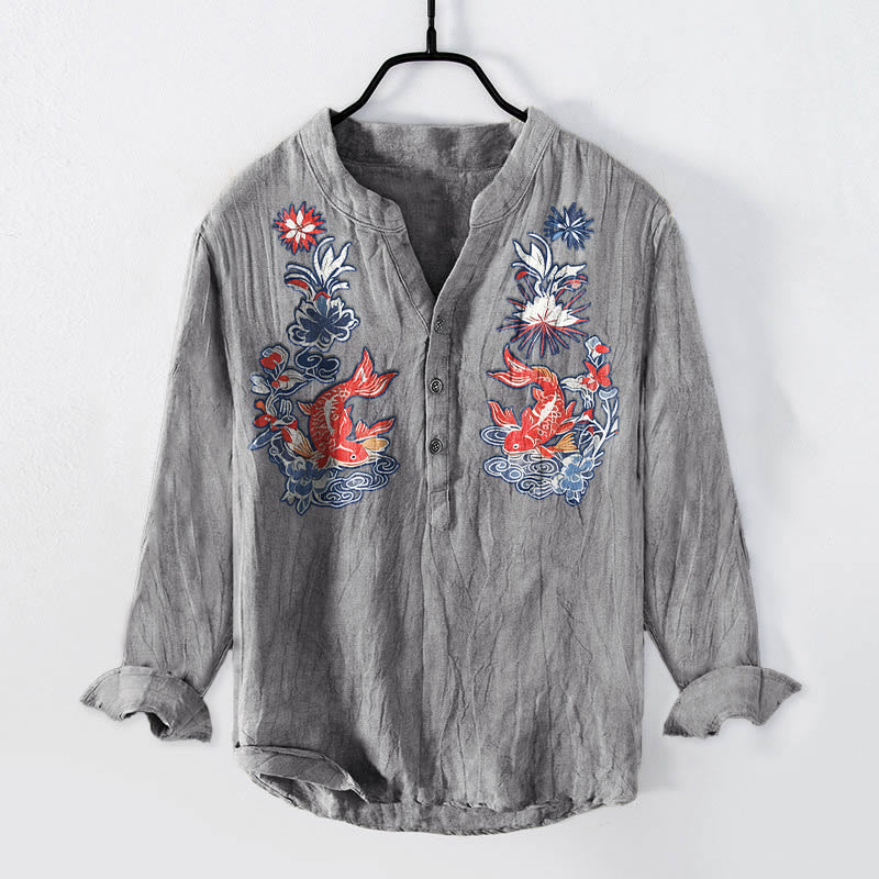Tactile Cotton Linen Stand Collar Koi Print Mindful Shirt