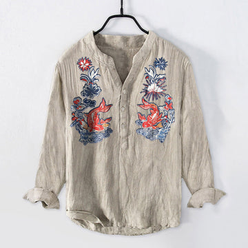 Tactile Cotton Linen Stand Collar Koi Print Mindful Shirt