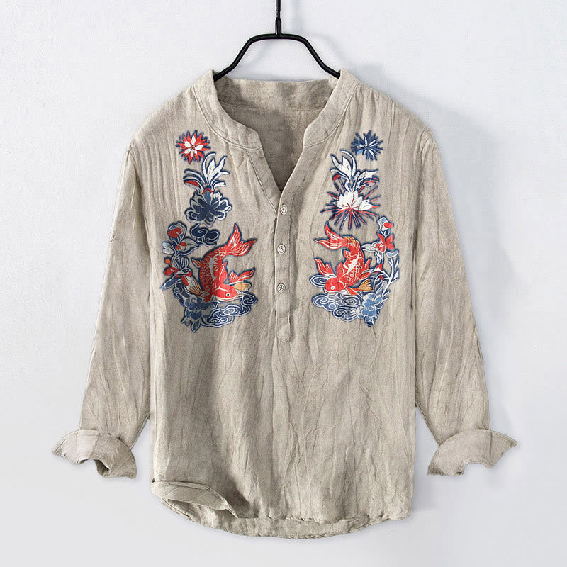 Tactile Cotton Linen Stand Collar Koi Print Mindful Shirt