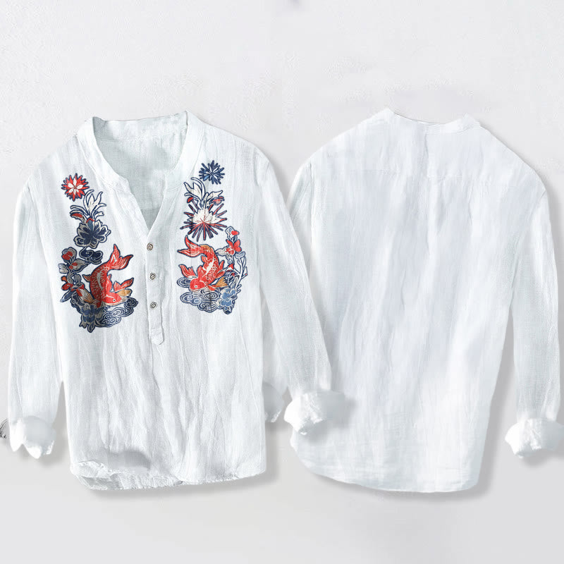 Tactile Cotton Linen Stand Collar Koi Print Mindful Shirt