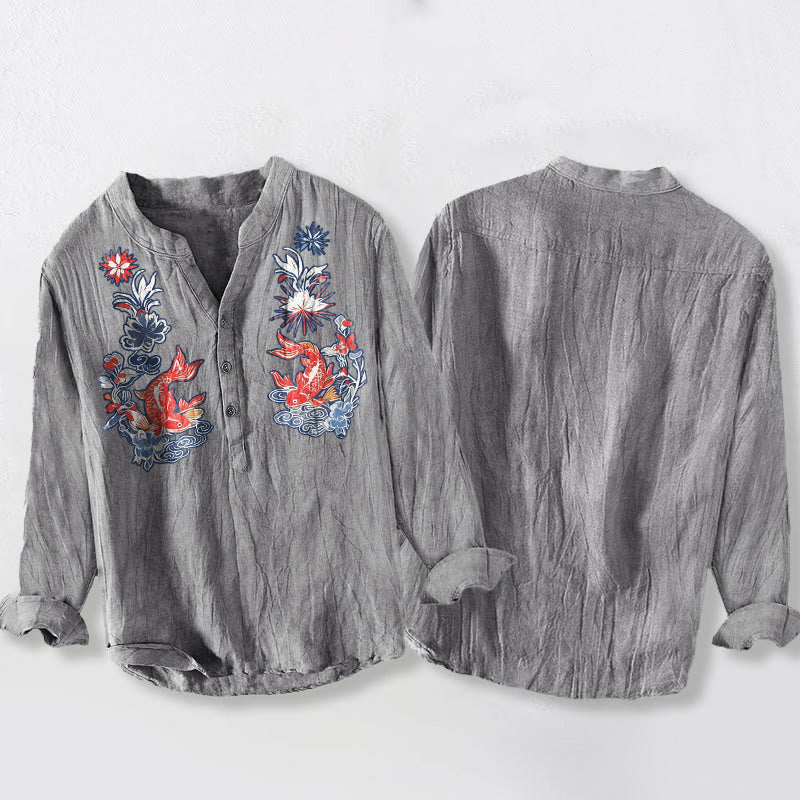 Tactile Cotton Linen Stand Collar Koi Print Mindful Shirt