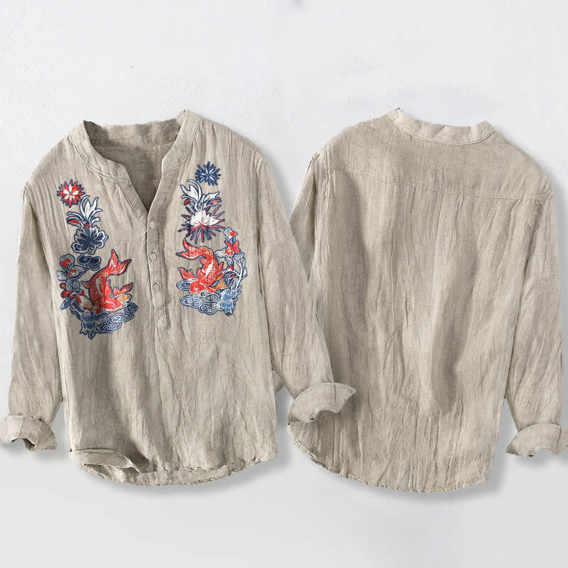 Tactile Cotton Linen Stand Collar Koi Print Mindful Shirt