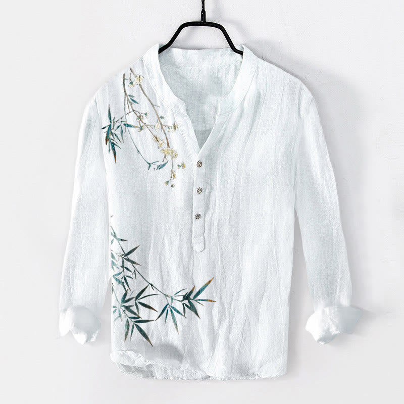 Cotton Linen Stand Collar Bamboo Print Men's Meditation Shirt