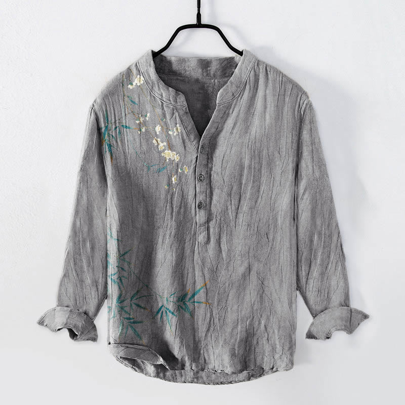Cotton Linen Stand Collar Bamboo Print Men's Meditation Shirt