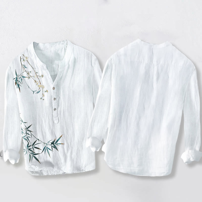 Cotton Linen Stand Collar Bamboo Print Men's Meditation Shirt