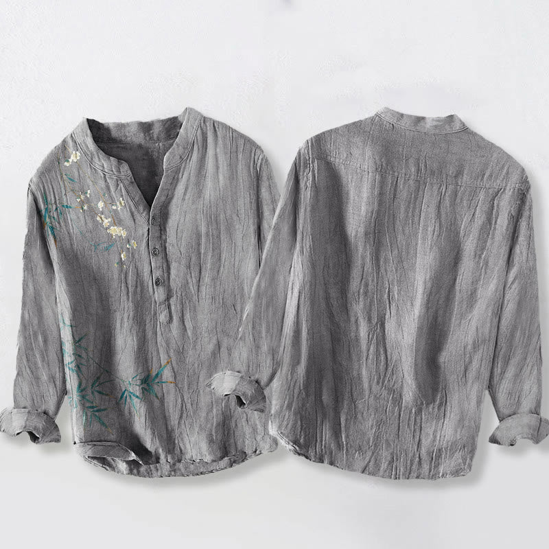 Cotton Linen Stand Collar Bamboo Print Men's Meditation Shirt