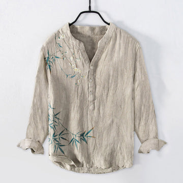 Cotton Linen Stand Collar Bamboo Print Men's Meditation Shirt