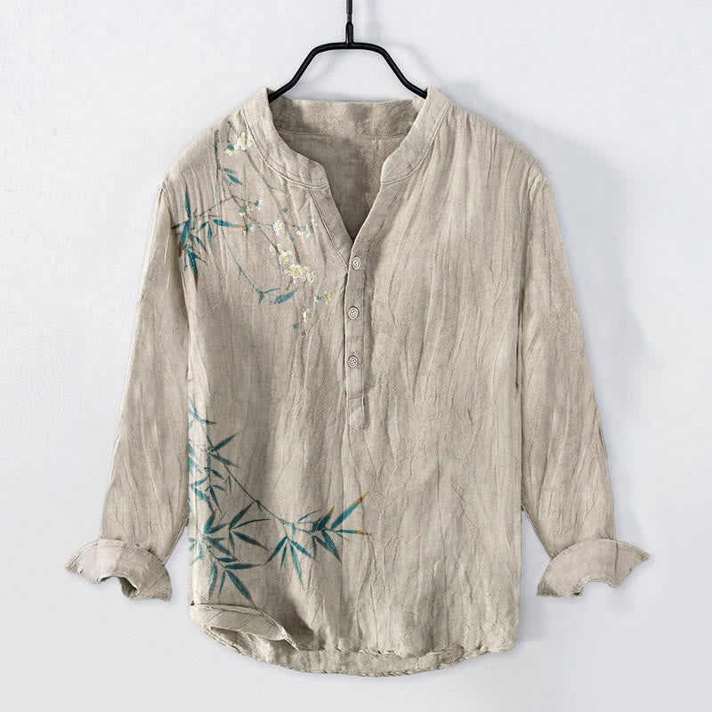Cotton Linen Stand Collar Bamboo Print Men's Meditation Shirt