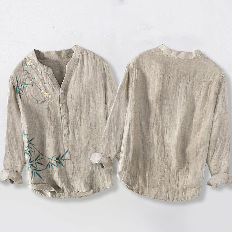 Cotton Linen Stand Collar Bamboo Print Men's Meditation Shirt